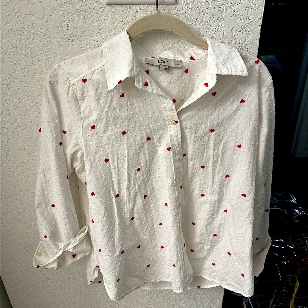 Loft embroidered heart white button down shirt